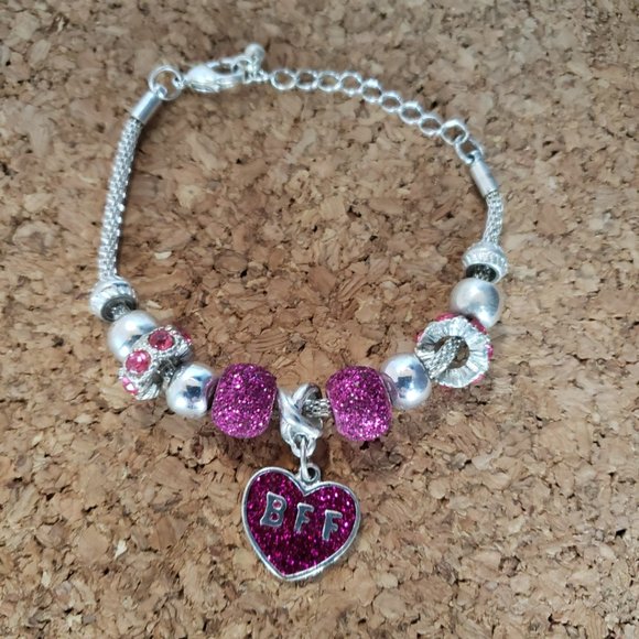 Silver Tone Hot Pink BFF Heart Beads Snake Chain Bracelet 8" Total L 2" Dia - Picture 4 of 11